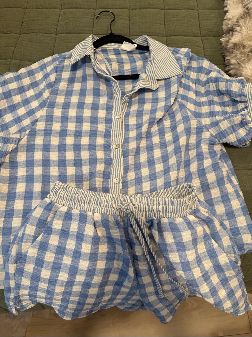 Blue and White Gingham Button-Up Set- Women